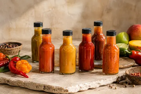 Sept flacons de sauces piquantes réunis sur une pierre claire avec des piments et des fruits